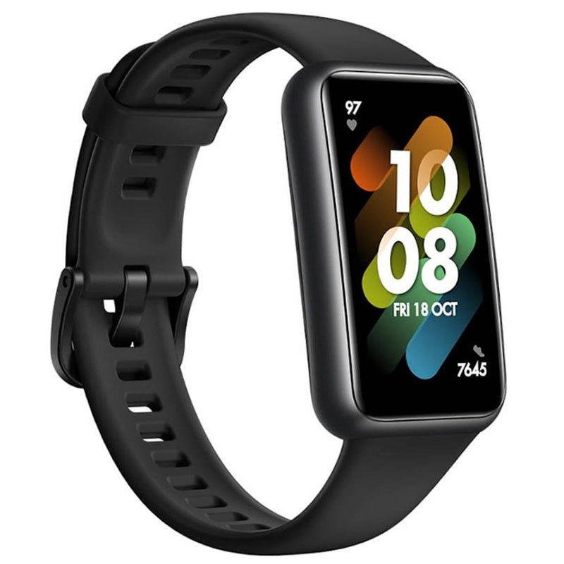 Huawei Band 7 black smartwatch with a colorful display on a white background