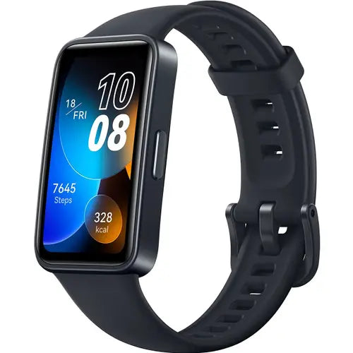 A black Huawei Band 8 fitness tracker with a silicone band and a digital display showing the time, step count, and calories burned.