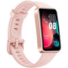 A pink Huawei Band 8 fitness tracker with a silicone band and a digital display showing the time, step count, and calories burned.