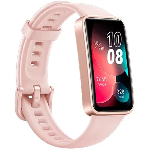 A pink Huawei Band 8 fitness tracker with a silicone band and a digital display showing the time, step count, and calories burned.
