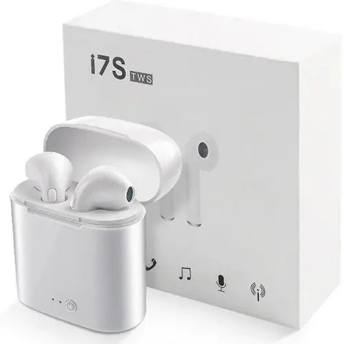 i7S Bluetooth wireless earbuds in white color, with a charging case, displayed alongside its packaging box with 'I7S TWS' branding.