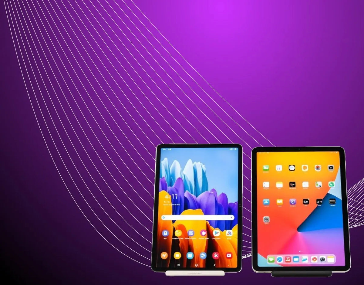 Two tablets with different home screen designs on a purple background