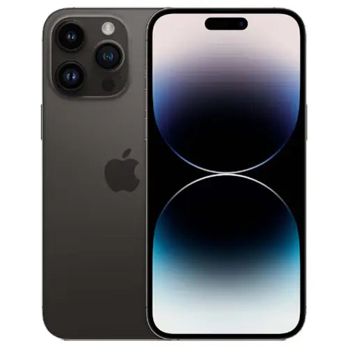 This image features the Apple iPhone 14 Pro in a black color. The phone's design showcases a large, vibrant display with a black notch at the top, reflecting a modern and sophisticated look.