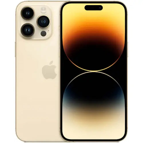 This image features the Apple iPhone 14 Pro in a sleek gold color. The phone's design showcases a large, vibrant display with a black notch at the top, reflecting a modern and sophisticated look.