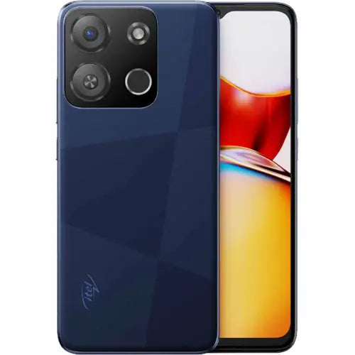 Back view of an dark blue Itel A05s mobile phone with a visible camera module, showing the rear camera lenses and flash.