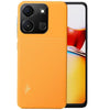Back view of an orange Itel A05s mobile phone with a visible camera module, showing the rear camera lenses and flash.