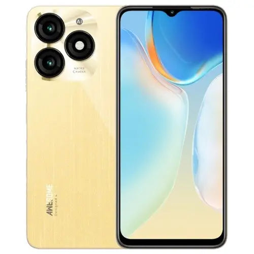 Itel A70 Smartphone with yellow back and colorful display.