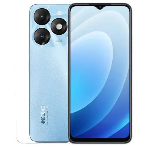 A black Itel A70 Pro mobile phone in blue color with a dual camera setup on the back and a notch at the top of the display.