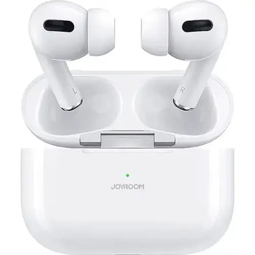 A pair of white Joyroom T03S Pro Earbuds in their open charging case.