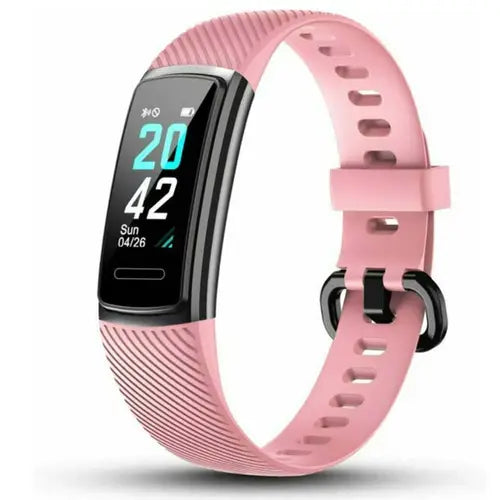 A pink Letscom Fitness Tracker (ID152) with a digital display showing the time and date.