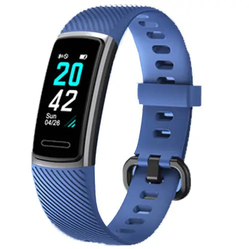 A blue Letscom Fitness Tracker (ID152) with a digital display showing the time and date.