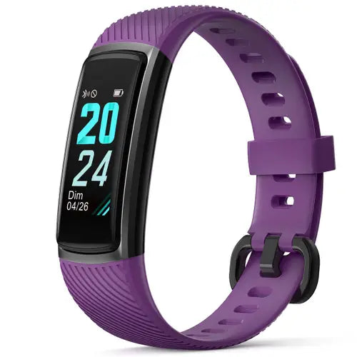 A purple Letscom Fitness Tracker (ID152) with a digital display showing the time and date.