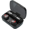 A pair of black M10 TWS Wireless Bluetooth Earbuds in an open charging case, displaying battery percentage.