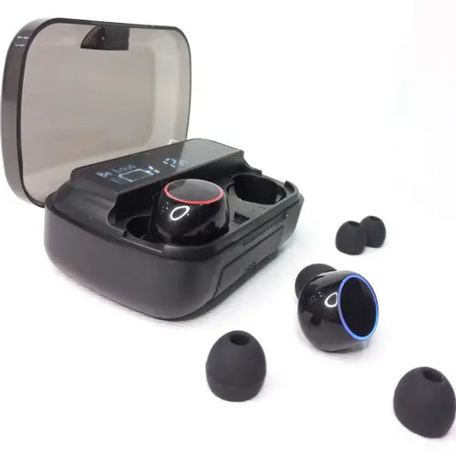 A set of black M30 TWS wireless earbuds with multiple ear tips, displayed alongside an open charging case.