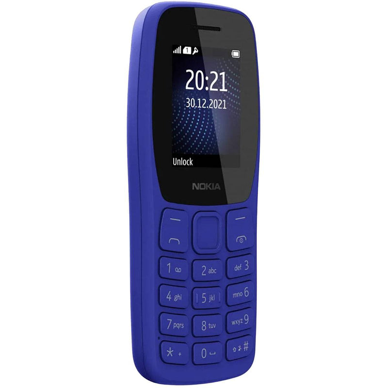 Nokia 105 2023 mobile phone in blue color with a display showing the time and date.