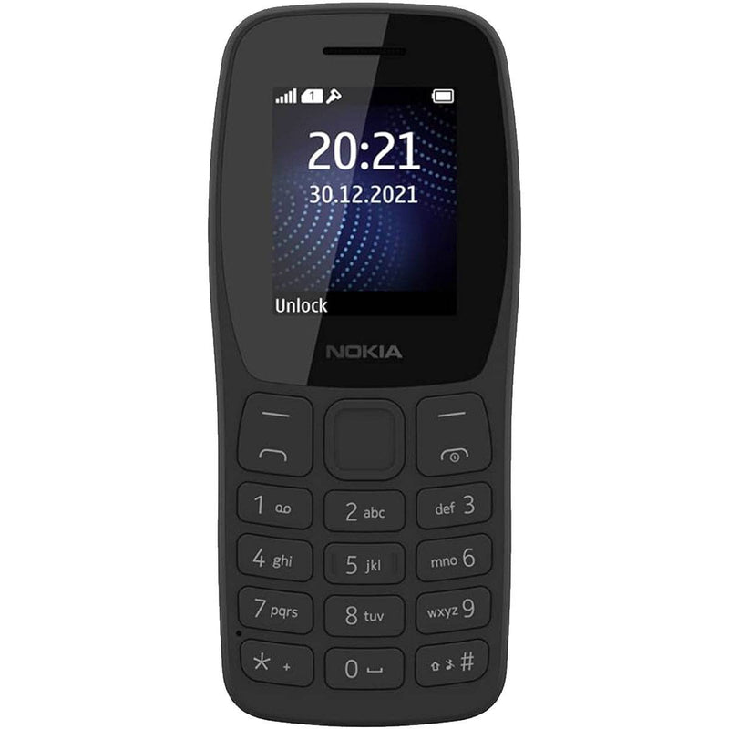 Matte Charcoal Nokia mobile phone with display showing time and date on a white background