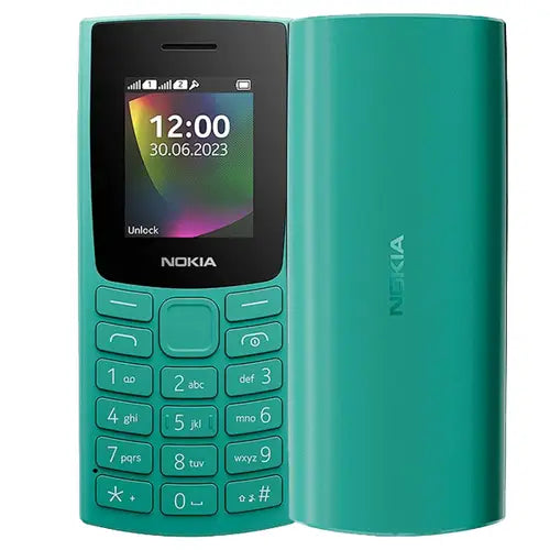 Nokia 106 2023 mobile phone in blue color, displaying time and date on the screen.