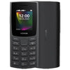 Nokia 106 2023 mobile phone in charcoal black color, displaying time and date on the screen.