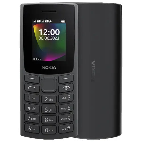 Nokia 106 2023 mobile phone in charcoal black color, displaying time and date on the screen.
