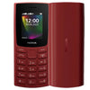 Nokia 106 2023 mobile phone in red color, displaying time and date on the screen.