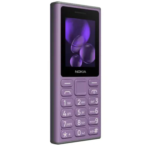 Nokia 108 2024 mobile phone in purple color with a numeric keypad and a small screen.