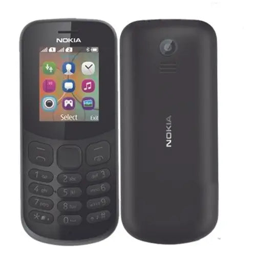 Nokia 130 mobile phone displayed from the front and back, both in black color.