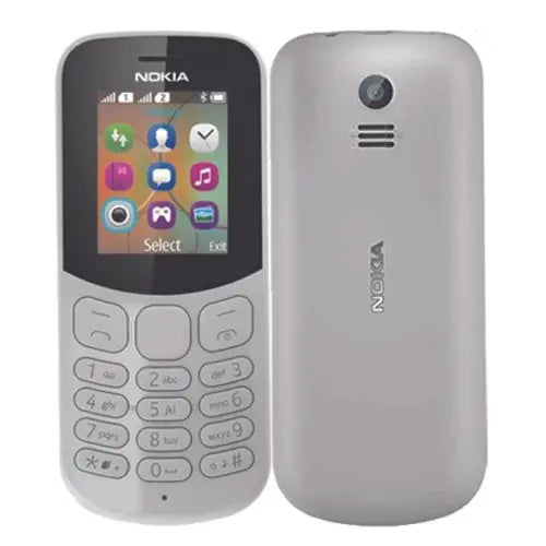 Nokia 130 mobile phone displayed from the front and back, both in gray color.