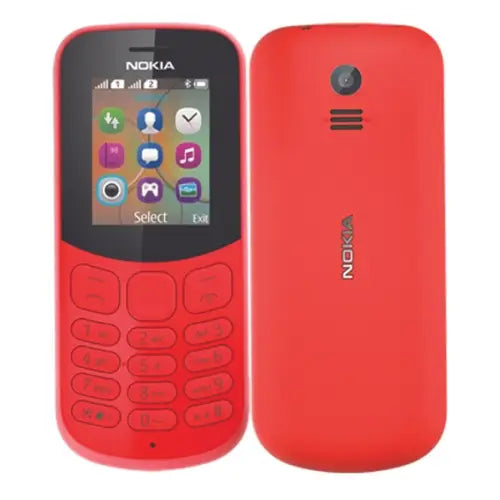 Nokia 130 mobile phone displayed from the front and back, both in red color.