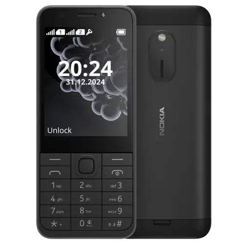Nokia 230 2024 black color mobile phone displayed in two angles, front and back, showing the time on the screen and the numeric keypad.