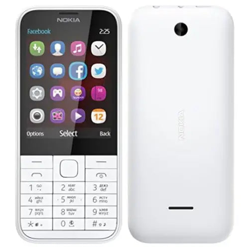 Nokia 225 2024 Dawn White mobile phone with front and back views showing screen and back.