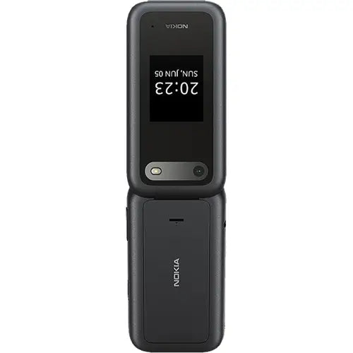 Black Nokia 2660 Flip phone with a small screen and camera on the front, opened in flip style.