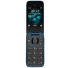 Nokia 2660 Flip mobile phone in  black blue color with the screen displaying the time and menu options.