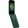 Nokia 2660 Flip mobile phone in green color with the screen displaying the time and menu options.