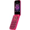 Nokia 2660 Flip mobile phone in pink color with the screen displaying the time and menu options.