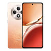 OPPO Reno 12F smartphone in orange color with a visible camera module on the back and a purple screen on the front.