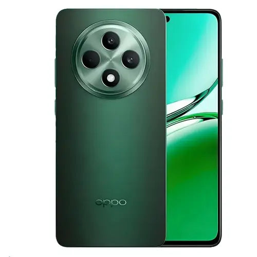 OPPO Reno 12F smartphone in green color with a visible camera module on the back and a purple screen on the front.
