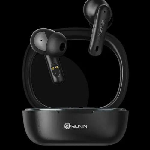 A pair of black Ronin R-540 earbuds inside an open charging case.