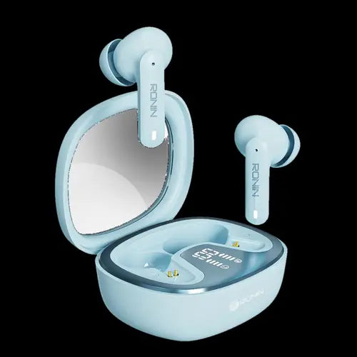 A pair of blue Ronin R-540 earbuds inside an open charging case.