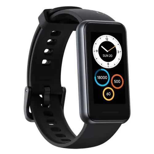 Realme Band 2 fitness tracker with a black strap and a black case, displaying time and fitness metrics on its screen.