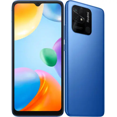 A blue Redmi 10C smartphone showing the front screen and back camera and logo.