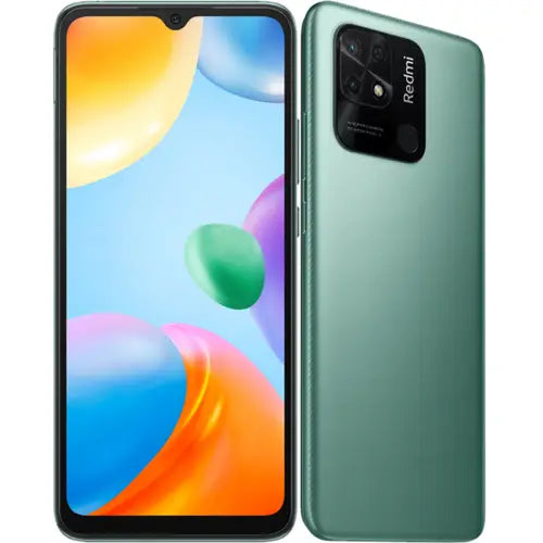 Redmi 10C with colorful screen and green back, front and back view.