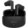 Black wireless earbuds with charging case on a white background