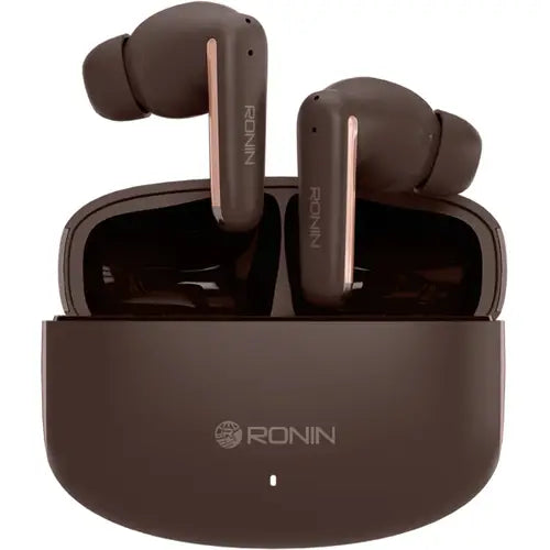 Brown wireless earbuds with charging case on a white background