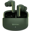 A pair of Ronin R-140 wireless earbuds in green color, placed inside their charging case.