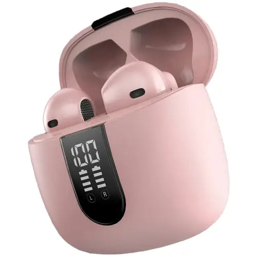A pair of pink Ronin R-190 earbuds in an open charging case.