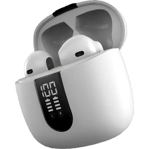 A pair of white Ronin R-190 earbuds in an open charging case.