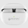 A pair of white Ronin R-290 Mini Earbuds inside an open charging case.