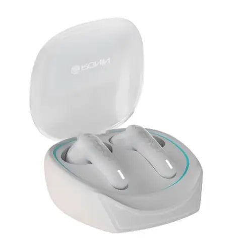 White wireless earbuds in a white charging case on a white background