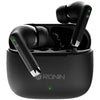 A pair of black Ronin R-740 EarBuds inside their charging case, which is also black with the brand name visible.