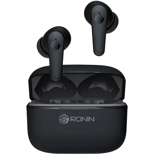 Black wireless earbuds with charging case on a white background